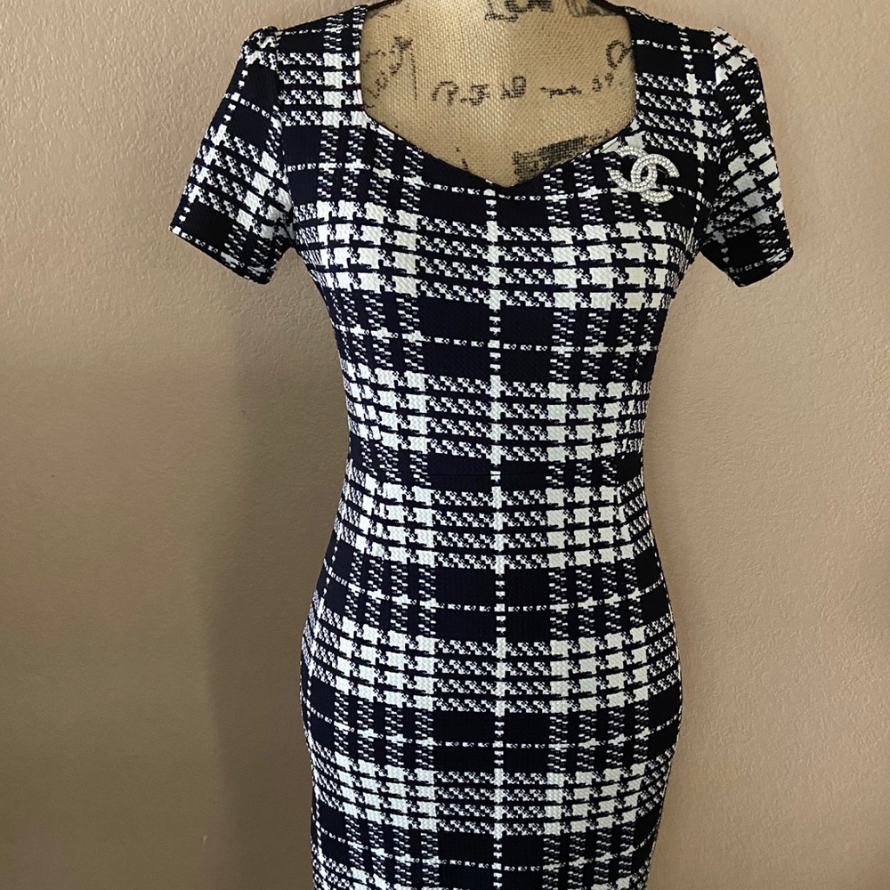Classy Blue and White Plaid Dress